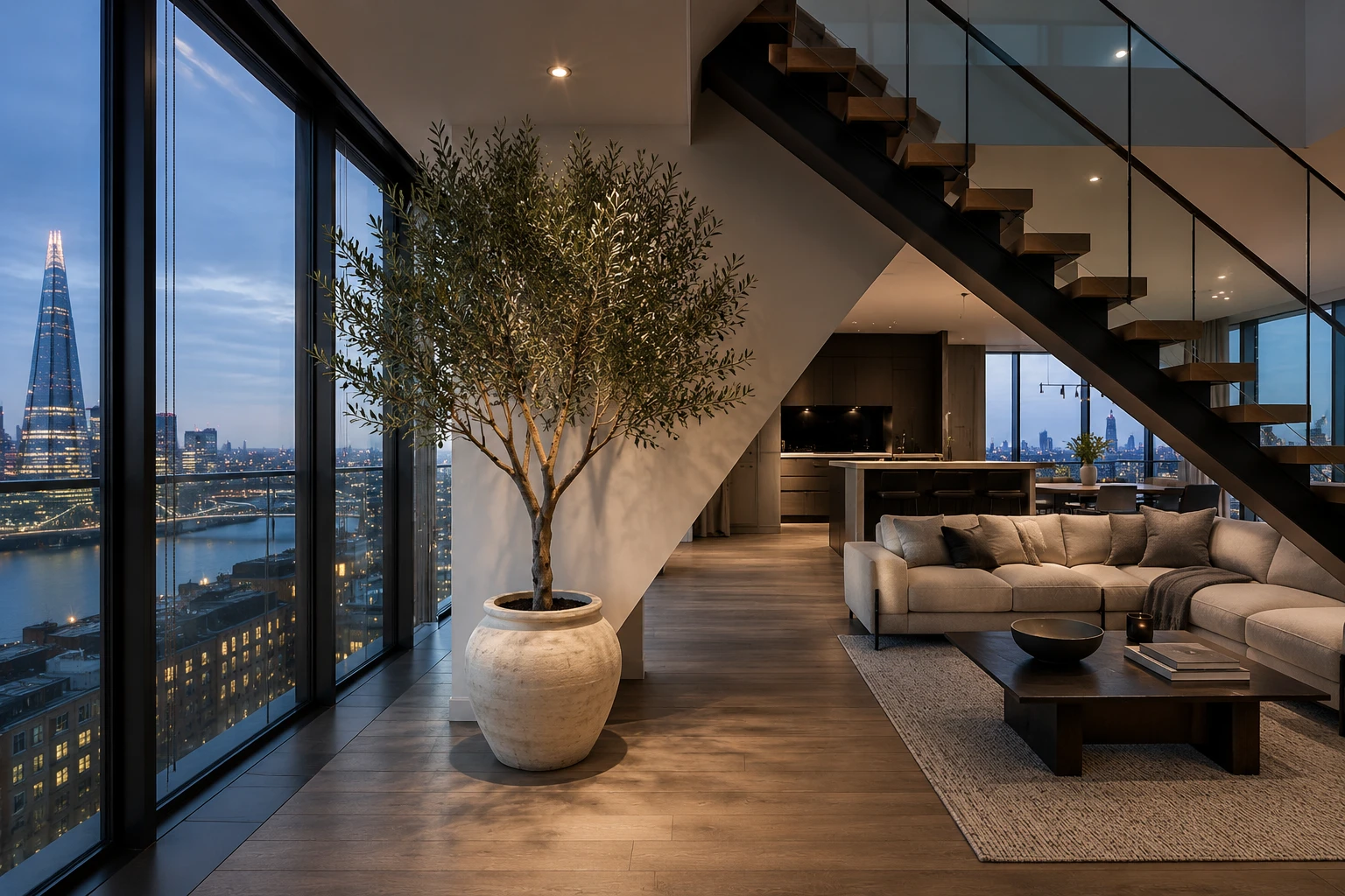 Large artificial olive tree in a stone pot in a modern London penthouse living room with floor-to-ceiling city views