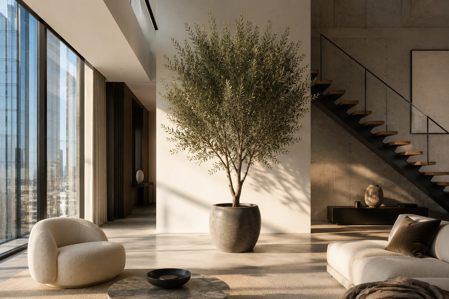 Large artificial olive tree in a spacious modern interior with high ceilings and natural light