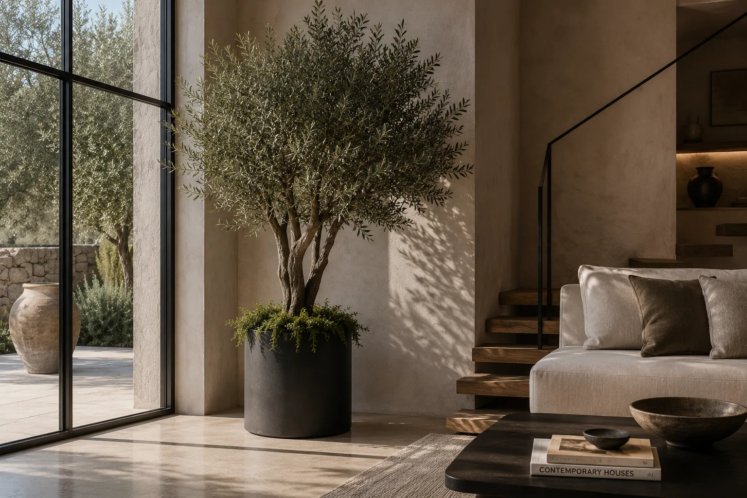 Large artificial olive tree in a matte black planter beside a staircase in a warm, minimalist living room