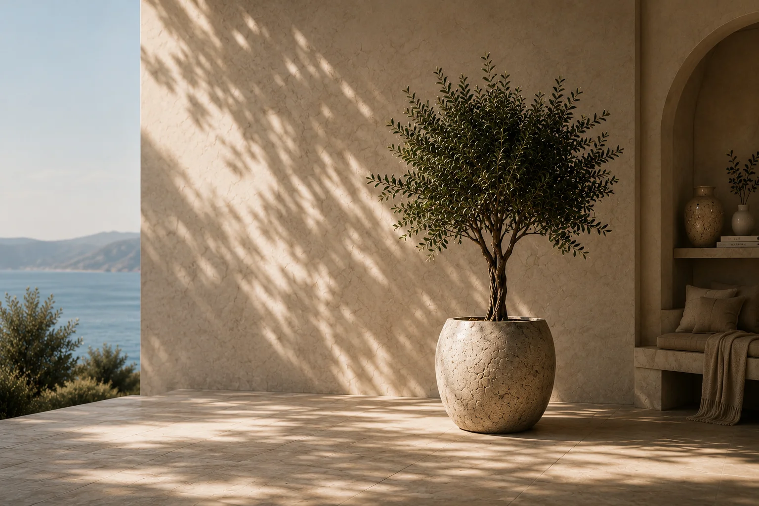 Luxury artificial olive tree styled in a warm Mediterranean-inspired living room