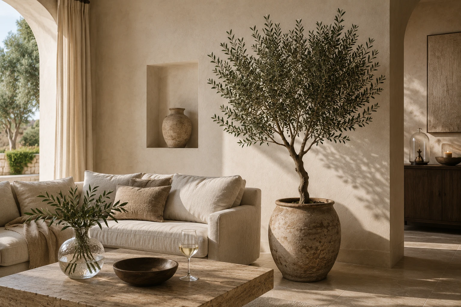 Large olive tree in a terracotta pot styled in a calm Mediterranean living room with linen sofa and natural light