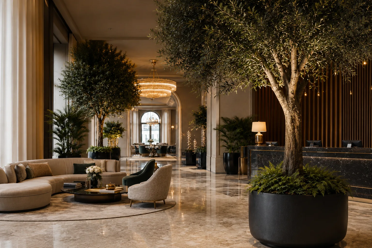 Large artificial olive tree beside a hotel reception desk in a warm, marble-floored luxury lobby